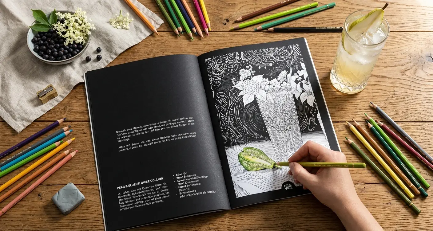 Aufgeschlagenes Malbuch mit Buntstiften und Gin